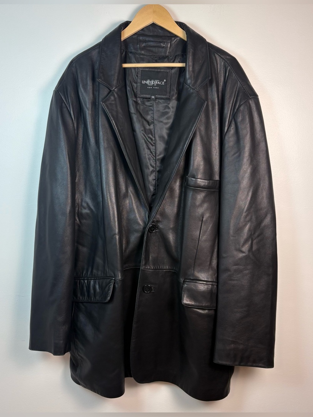 United Face Men’s Black Genuine Leather Blazer Jacket 5XL Two Button Classic